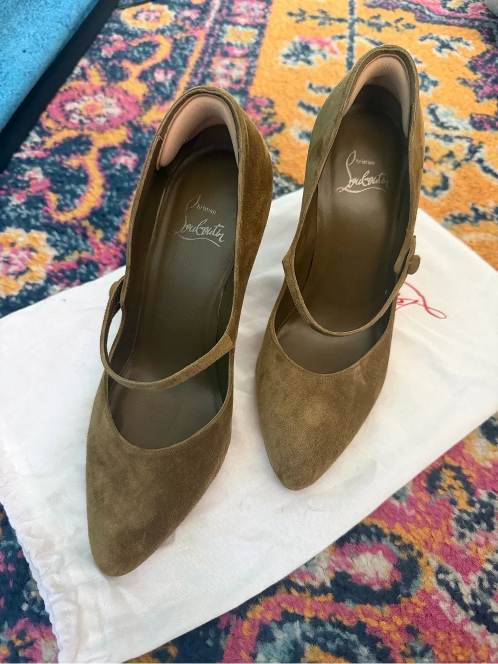 Christian Louboutin Olive Green Suede Mary Jane Pumps
